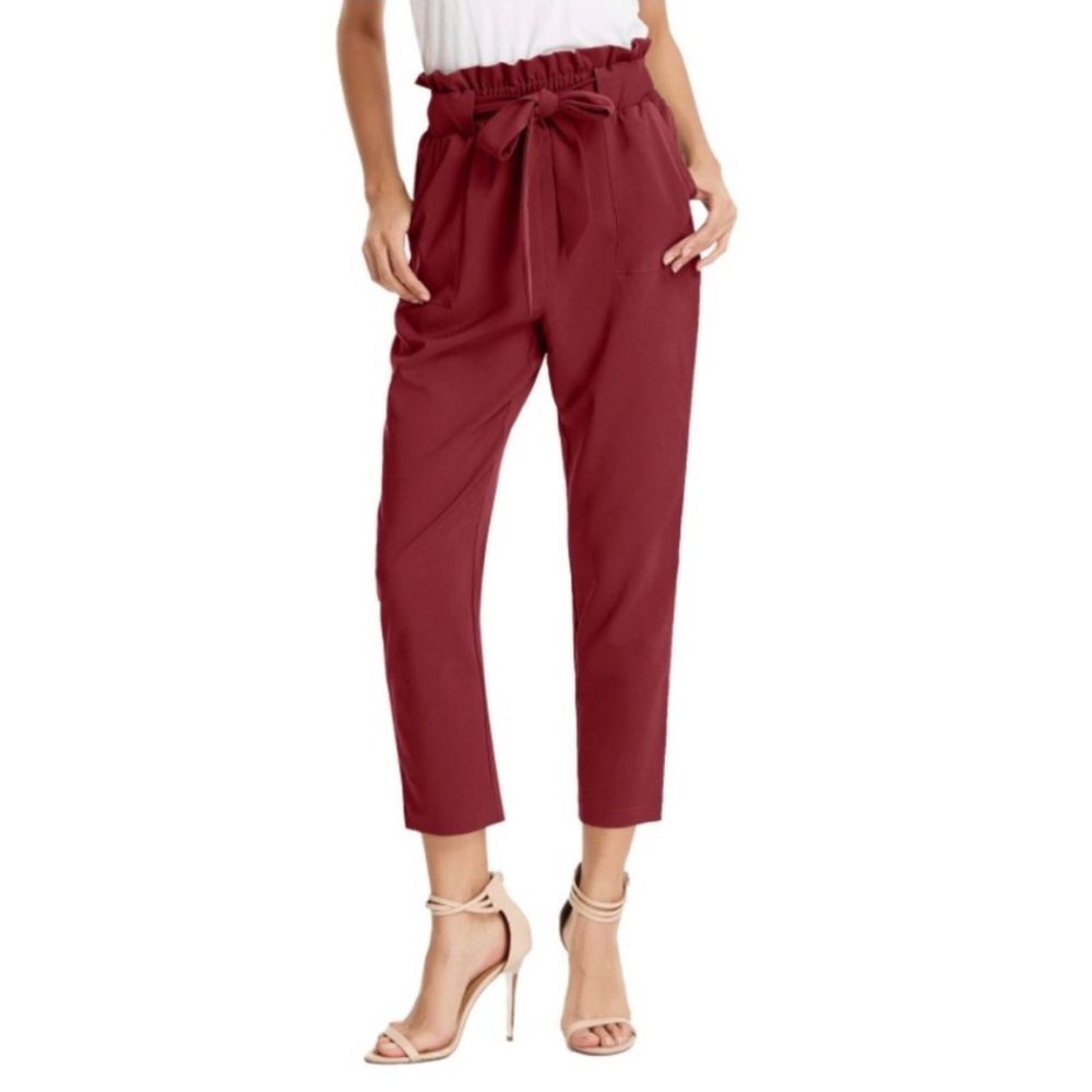 Grace Karin Stylish Red Tie-Waist Paperbag Pants Size Medium Office Workwear
